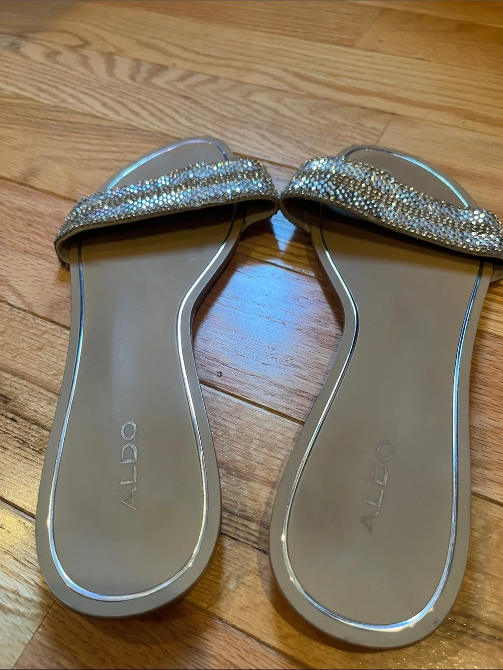 ALDO Crystal-Embellished Taupe Slide Sandals - Picture 3 of 3